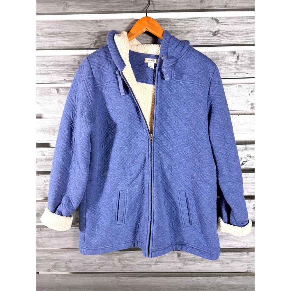 LL Bean Womens Large Blue Quilted Sherpa Lined Full Zip Hoodie Jacket